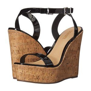 Schutz Eduarda Black Patent Leather Platform Cork Wedge Sandal